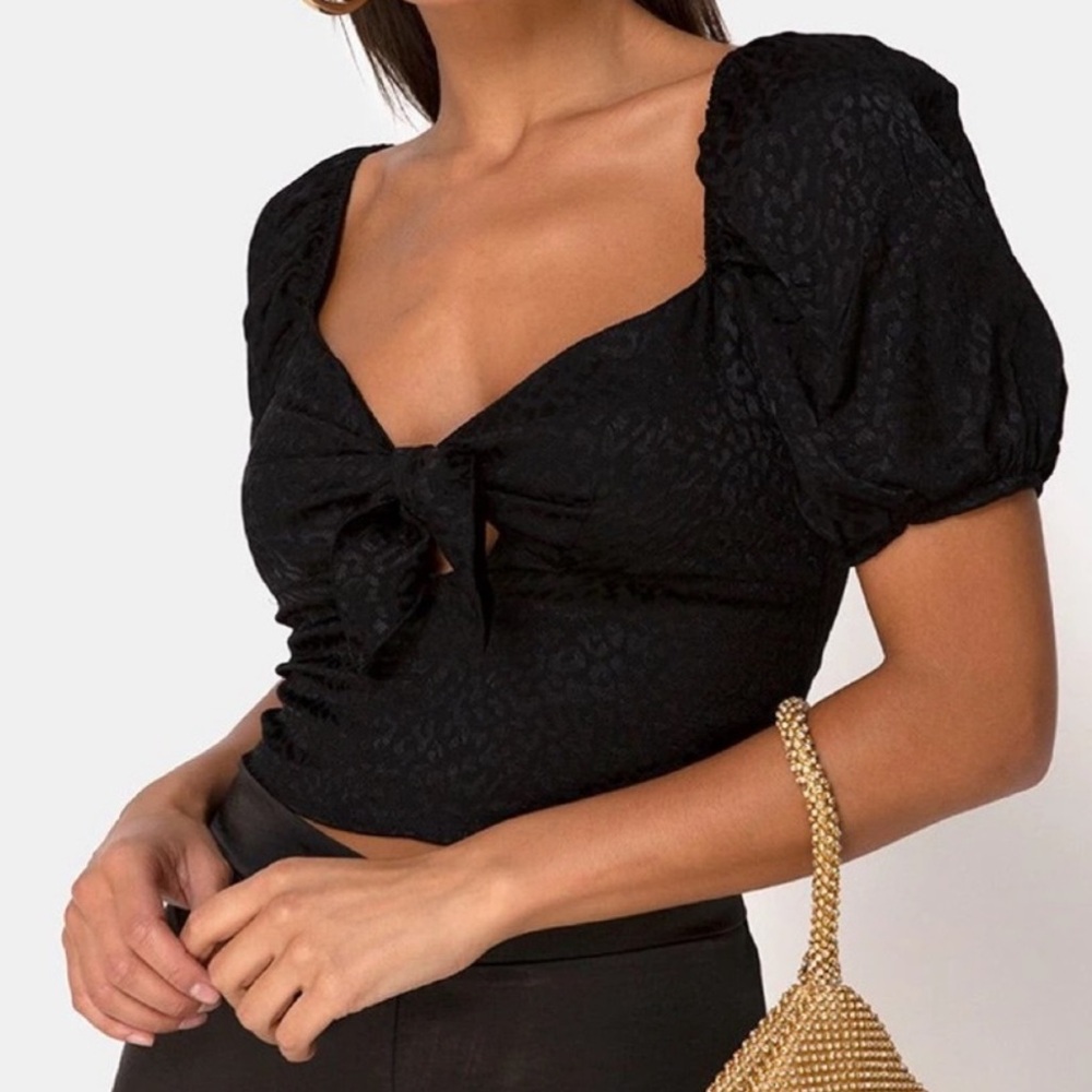 Motel Size Small Black Satin Leopard Print Puff Sleeve Romanza Crop Top Party